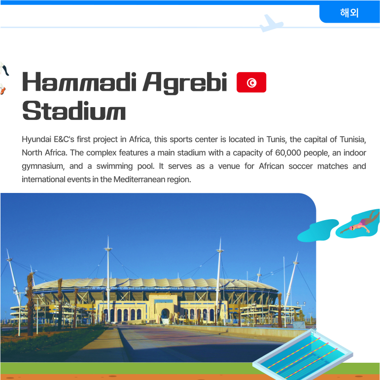 Hammadi Agrebi Stadium  Hyundai E&Cs first project in Africa, this sports center is located in Tunis, the capital of Tunisia, North Africa. The complex features a main stadium with a capacity of 60,000 people, an indoor gymnasium, and a swimming pool. It serves as a venue for African soccer matches and international events in the Mediterranean region